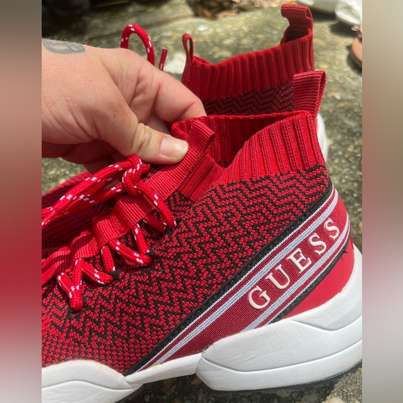 Guess Other - NWOT GUESS Stretchy Woven-Knit Canvas Ankle High Bootie Sneakers Red White Black